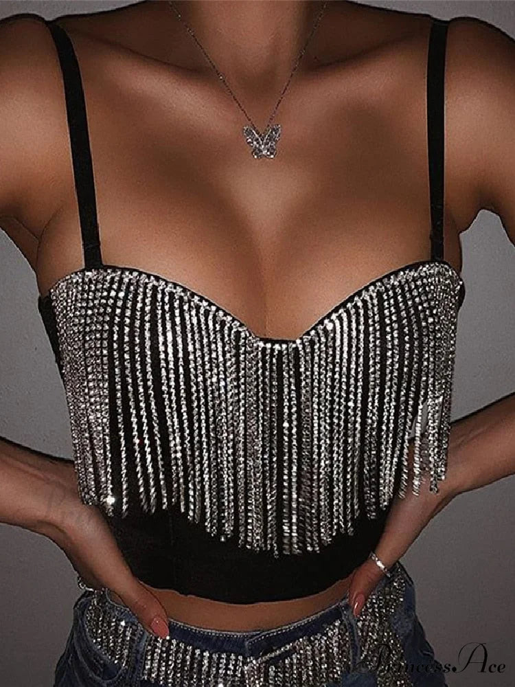 Black Strap Crop Charming Top With Rhinestone Fringe S