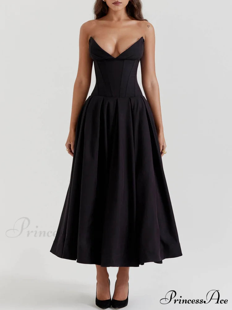 Black Strapless Stylish Midi Dress Black / S