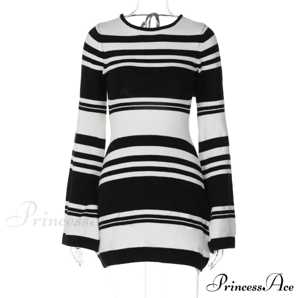 Black Stripe Knit Backless Graceful Long Sleeve Mini Dress
