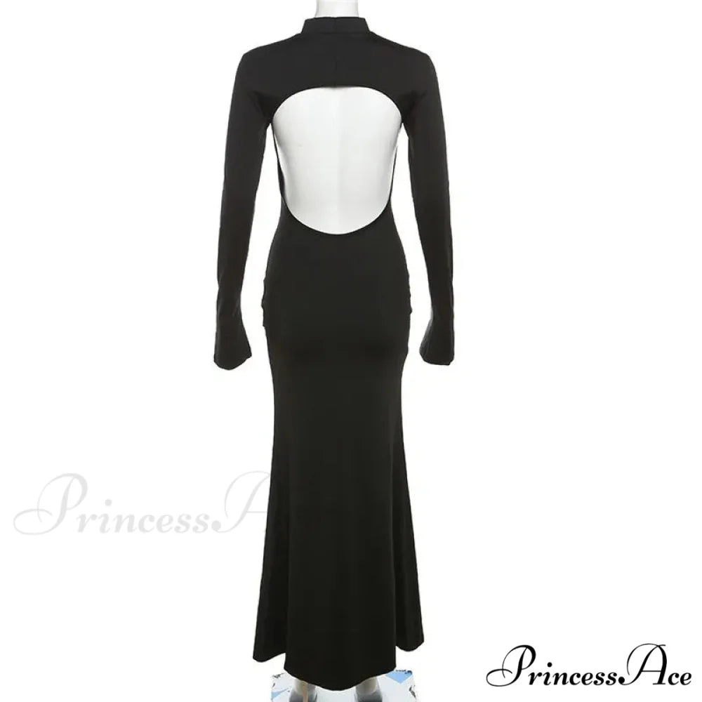 Black TurtleNeck Backless Maxi For Women Elegant Evening Trumpet Sleeves 2024 Autumn Bodycon Long Cut Out Dress