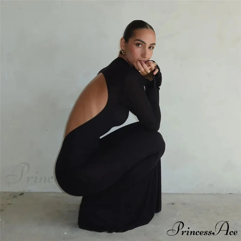 Black TurtleNeck Backless Maxi For Women Elegant Evening Trumpet Sleeves 2024 Autumn Bodycon Long Cut Out Dress