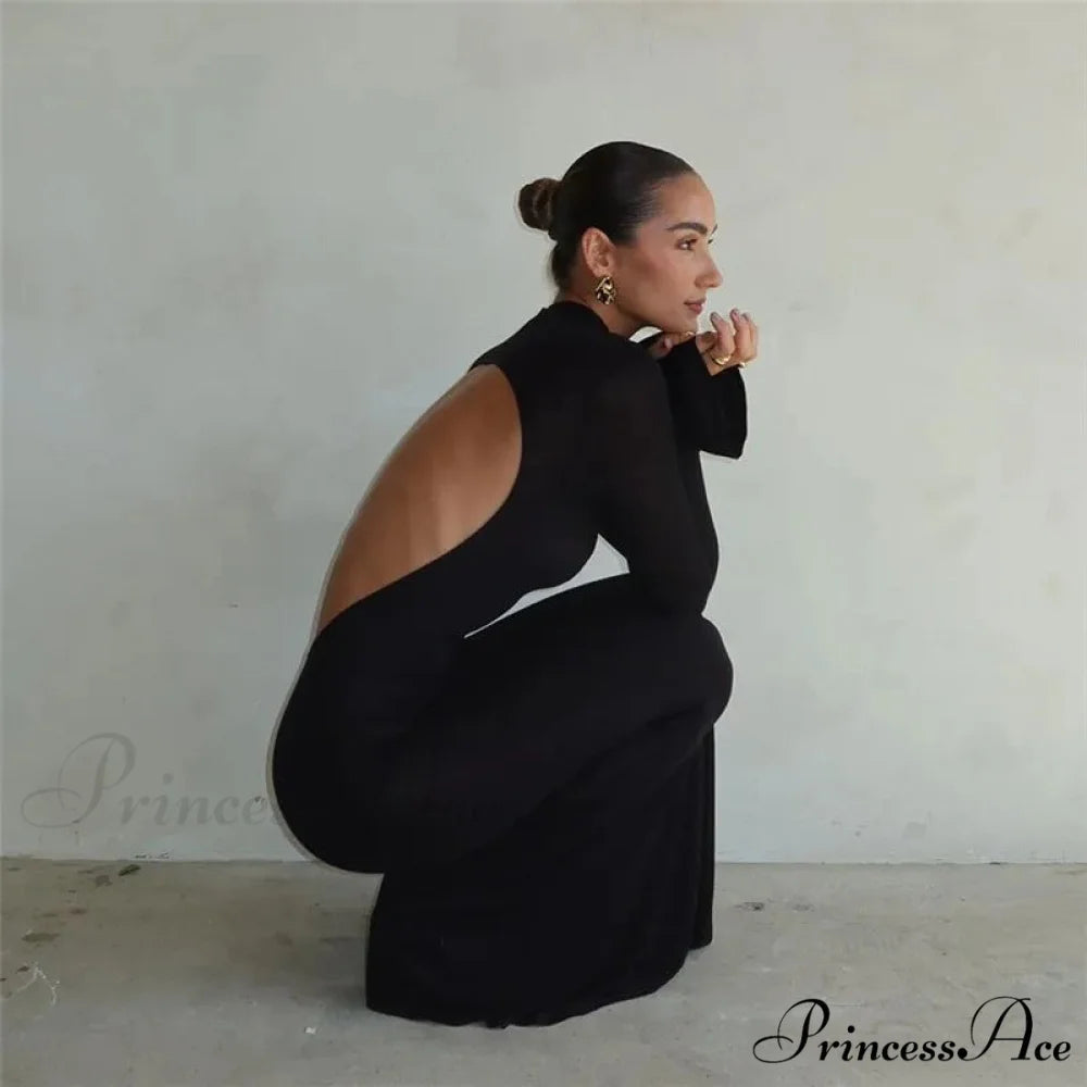 Black TurtleNeck Backless Maxi For Women Elegant Evening Trumpet Sleeves 2024 Autumn Bodycon Long Cut Out Dress