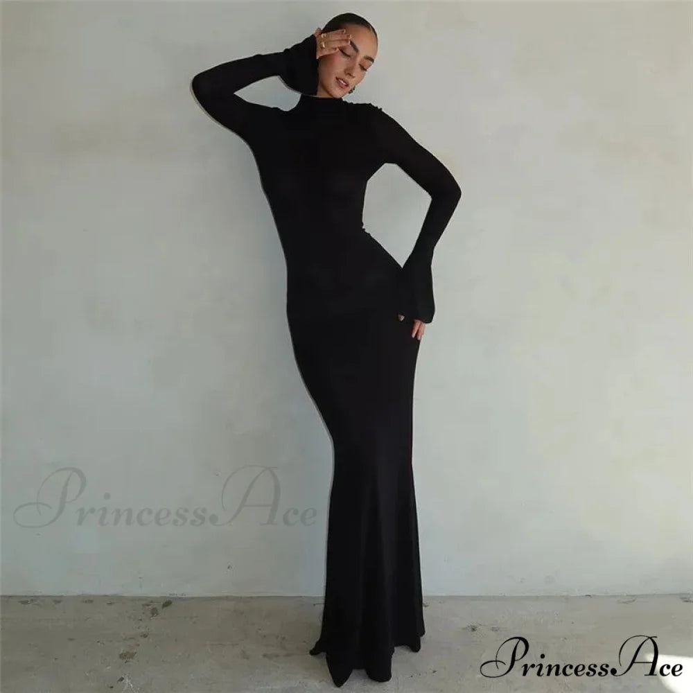 Black TurtleNeck Backless Maxi For Women Elegant Evening Trumpet Sleeves 2024 Autumn Bodycon Long Cut Out Dress