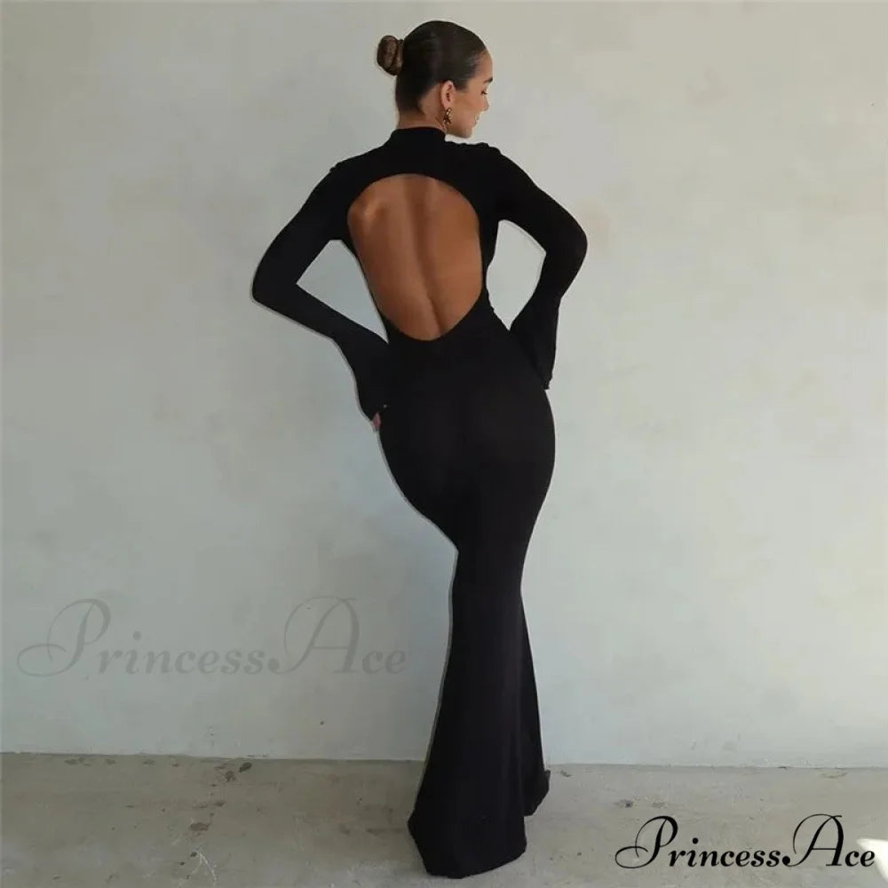 Black TurtleNeck Backless Maxi For Women Elegant Evening Trumpet Sleeves 2024 Autumn Bodycon Long Cut Out Dress Black