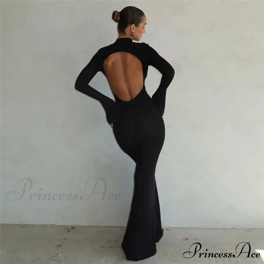Black TurtleNeck Backless Maxi For Women Elegant Evening Trumpet Sleeves 2024 Autumn Bodycon Long Cut Out Dress Black