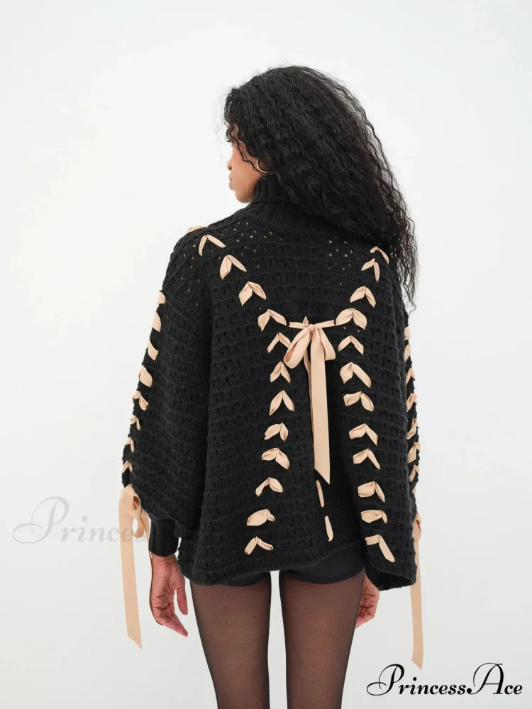 Black Turtleneck Stylish Ribbon Bow Sweater