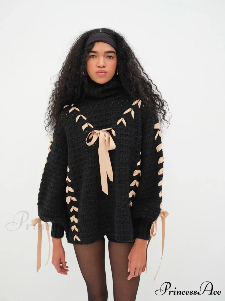 Black Turtleneck Stylish Ribbon Bow Sweater black / S