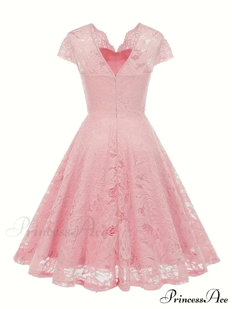 Black V Neck Cap Sleeve A Line Dress for Parties M / Pink