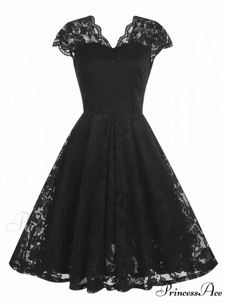 Black V Neck Cap Sleeve A Line Dress for Parties S / Black