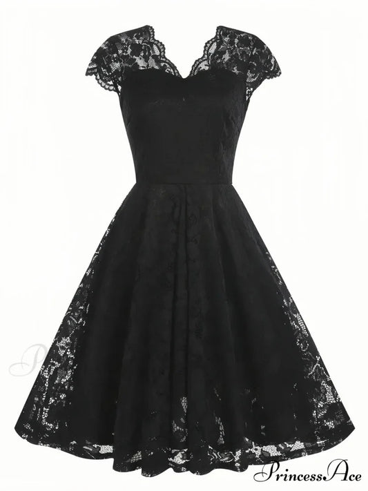Black V Neck Cap Sleeve A Line Dress for Parties S / Black