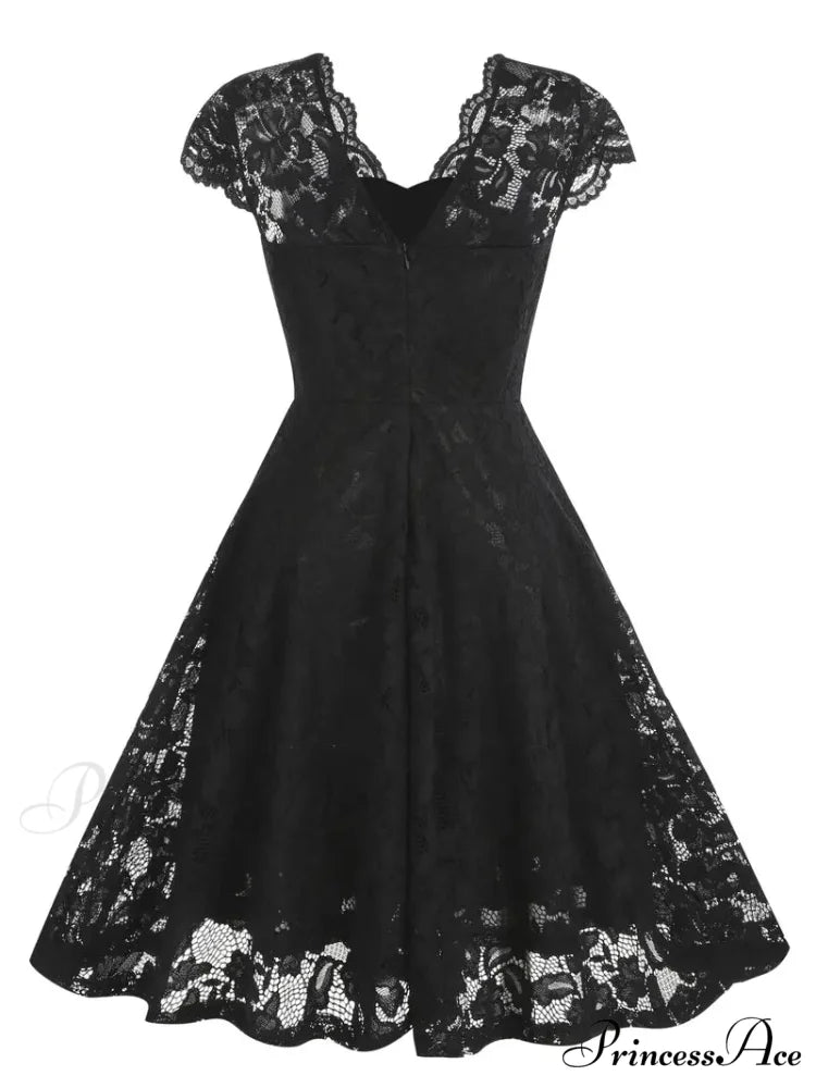 Black V Neck Cap Sleeve A Line Dress for Parties S / Burgundy