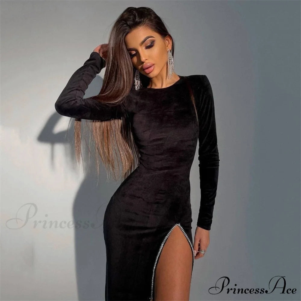 Black Velvet Long Sleeve Midi Side Slit Bodycon Christmas Dress Black / S