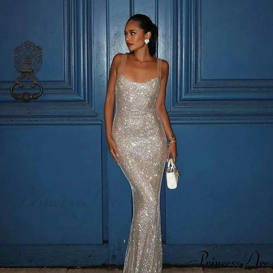 Bling Glitter Sequins Maxi Party Dress Apricot / S