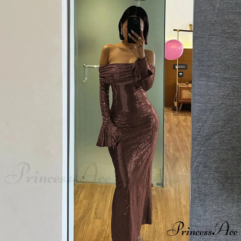 Bling Glitter Sequins Maxi Party Dress Brown / S