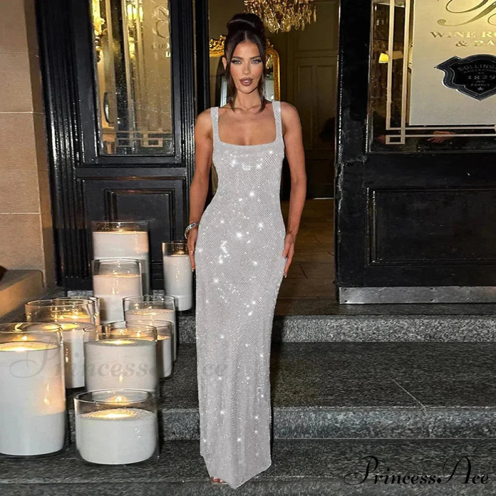 Bling Glitter Sequins Maxi Party Dress GRAY / S