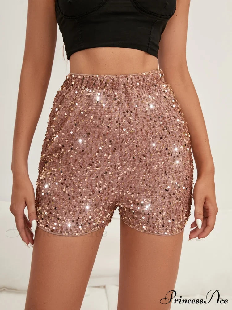 Bling Metallic High Waist Wine Red Skinny Shorts