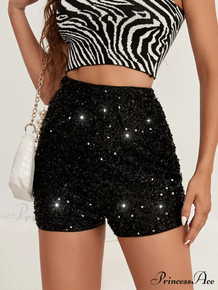 Bling Metallic High Waist Wine Red Skinny Shorts Black / S