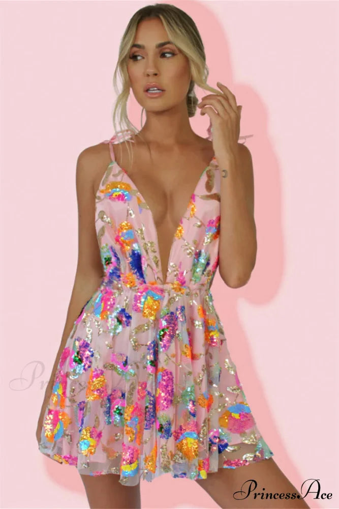 Blissful Goddess Sequin Trendy Backless Mini Dress Pink / S