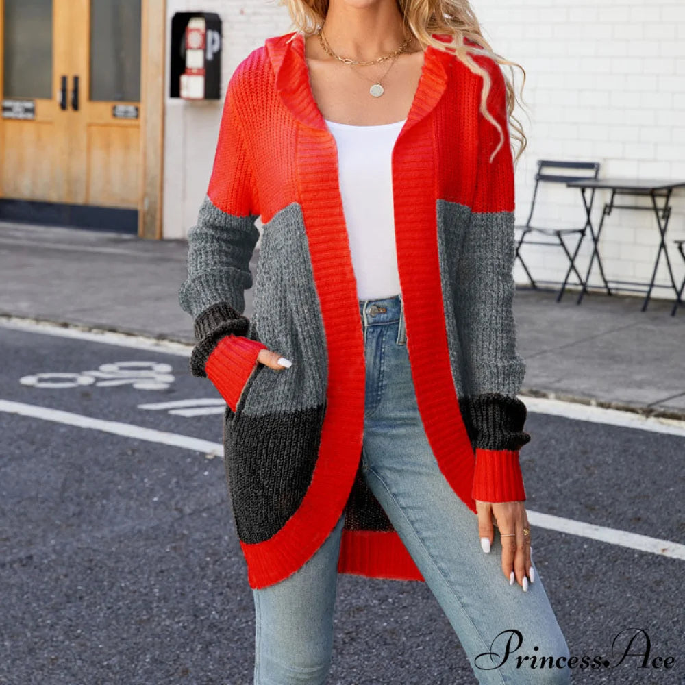 Block Color Cardigan Red / S