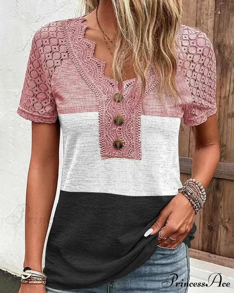 block Color lace tee Pink / S
