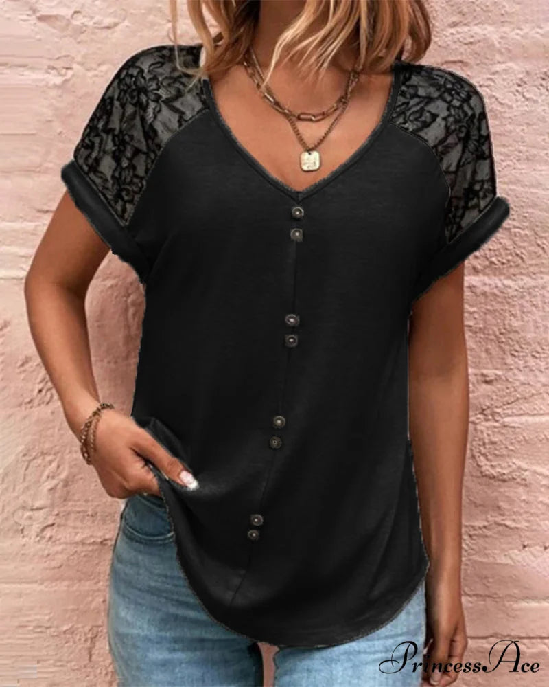 Block Color V-neck Lace Tee Black / S