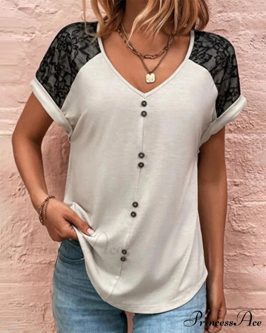 Block Color V-neck Lace Tee Gray / S