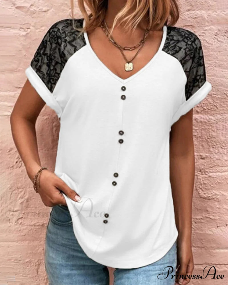 Block Color V-neck Lace Tee White / S
