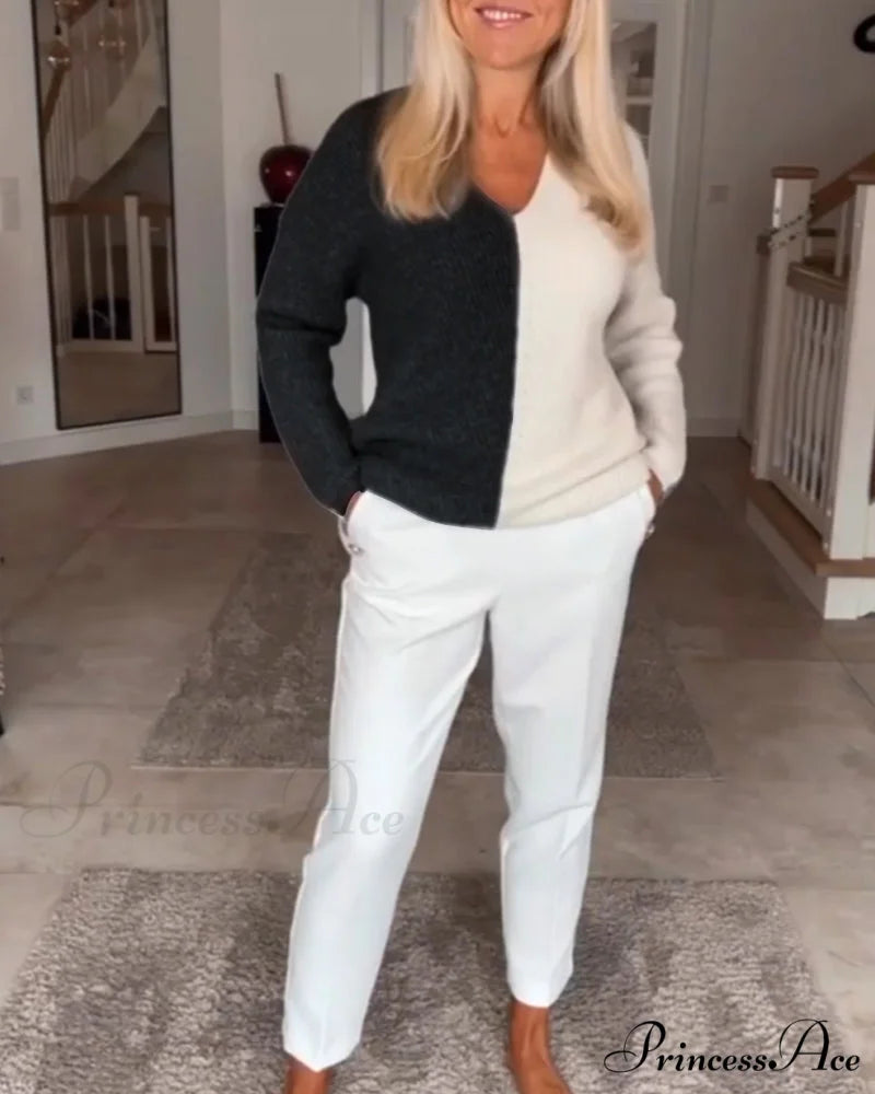 block Color V-neck sweater
