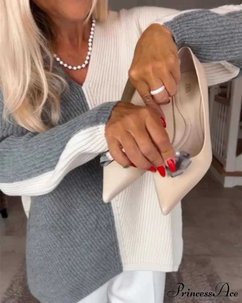 block Color V-neck sweater