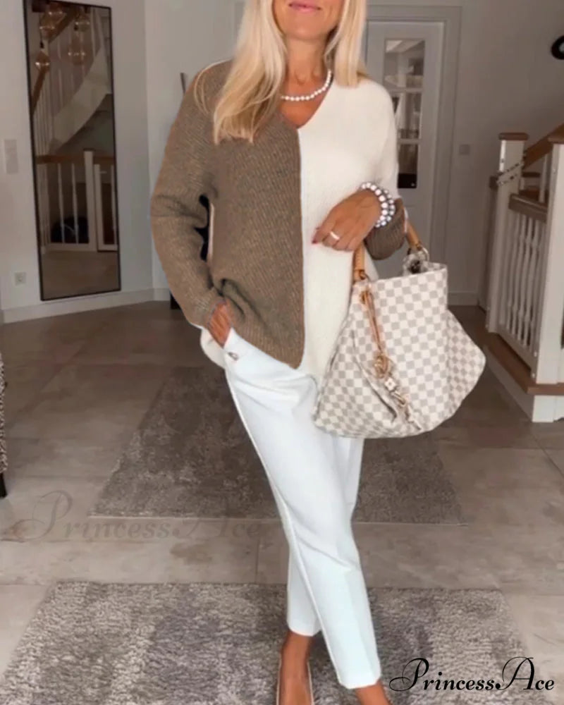 block Color V-neck sweater Brown / S