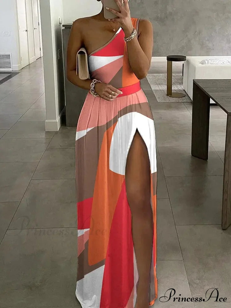Block High One-Shoulder Elegant Gown Party Club Women Slit Design Trends Fashion Long Gown 2024 Slim Dresses pink / S