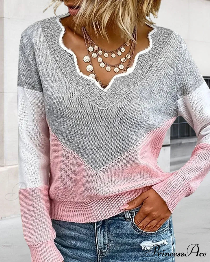Block V Neck Color Pullover