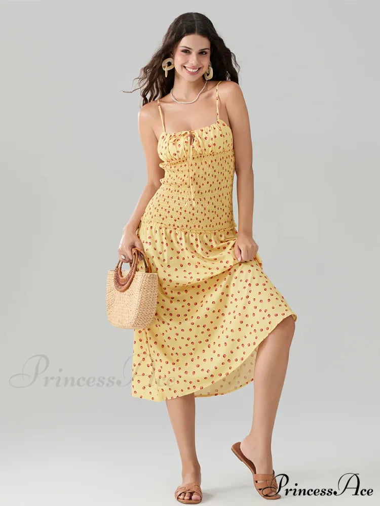 Blooming Strawberry Camis Open-Back Tied Front Blooming Dress YELLOW / S floraldress-250126