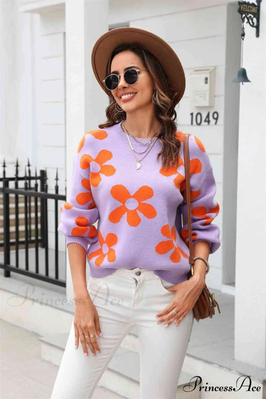 Blossom Dreams Stylish Floral Print Sweater Lavender / S