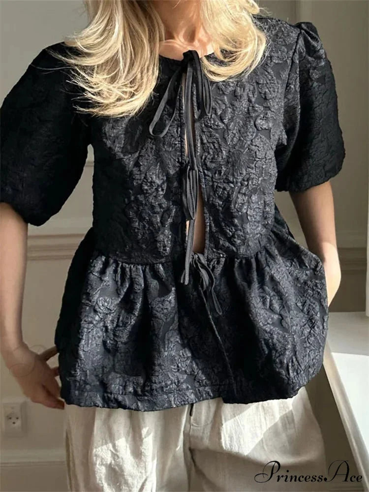 Blossom Gathered Front Tie-Up Top black / S blouse-250223