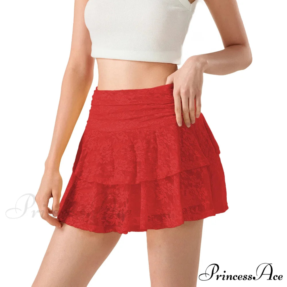 Blossom Lace Tiered Frilly Skirt Red / S skirts-250223