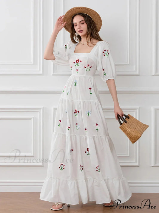 Blossom Stitched Draped A-Line Floral Dress WHITE / S floraldress-250126