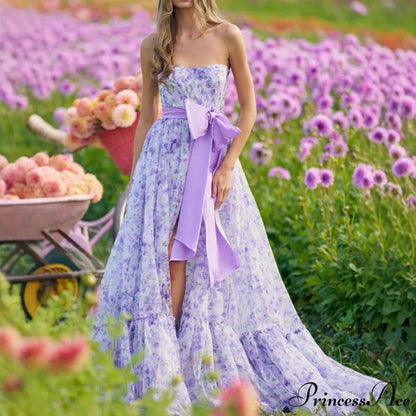 Blossoming Frilled V-Neck Tall Hem Prom Gown promdress-250223