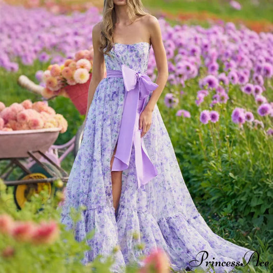 Blossoming Frilled V-Neck Tall Hem Prom Gown promdress-250223