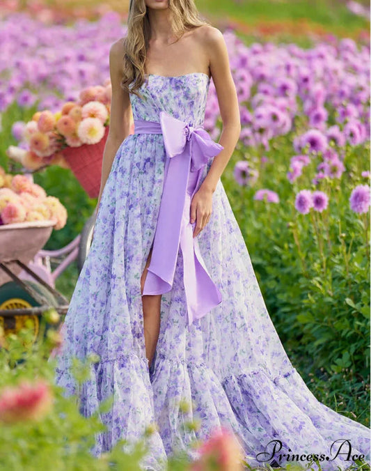 Blossoming Frilled V-Neck Tall Hem Prom Gown purple / S promdress-250223