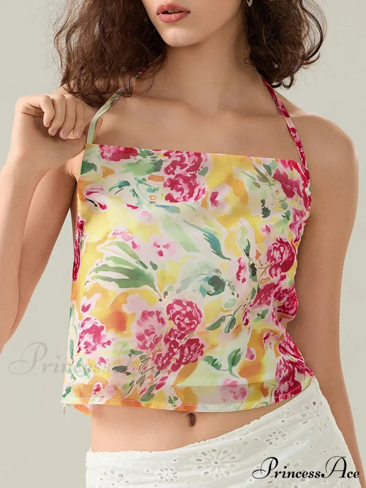 Blossoming Halter Open-Back Sleeveless Cropped Vest Camisole croptop-250126