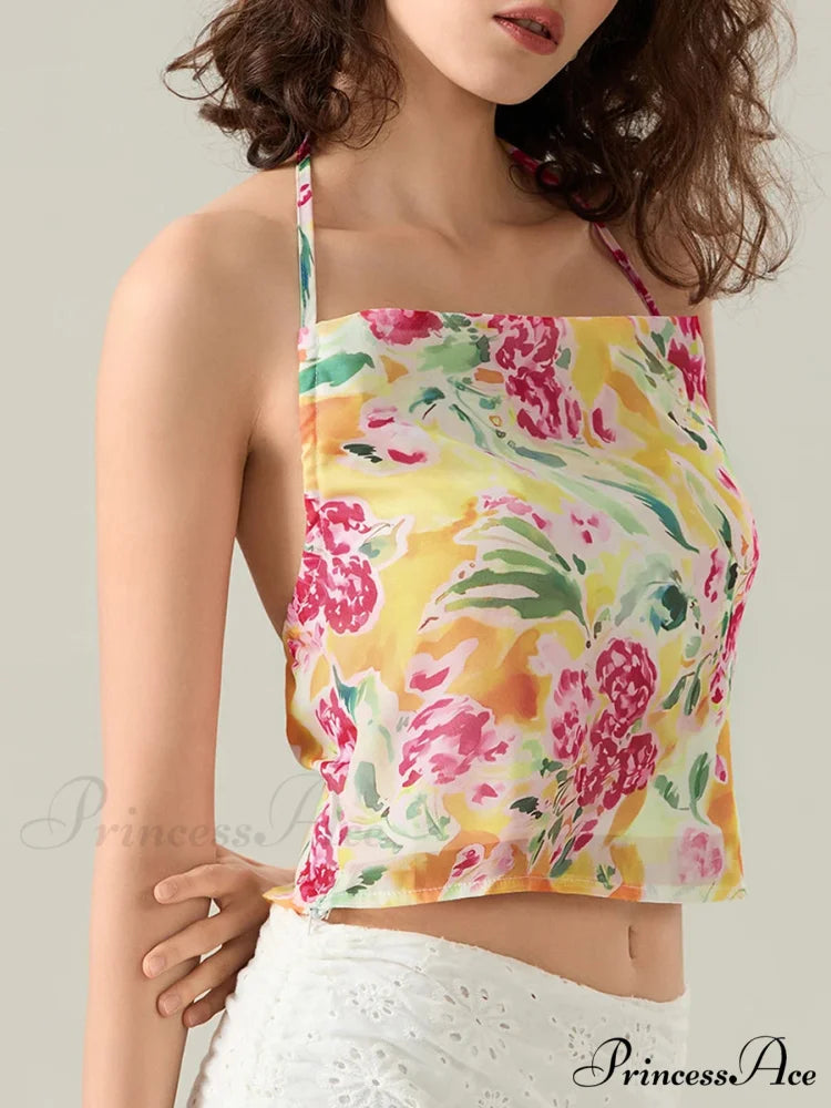 Blossoming Halter Open-Back Sleeveless Cropped Vest Camisole croptop-250126