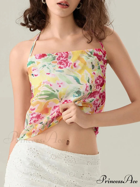 Blossoming Halter Open-Back Sleeveless Cropped Vest Camisole MULTI / S croptop-250126