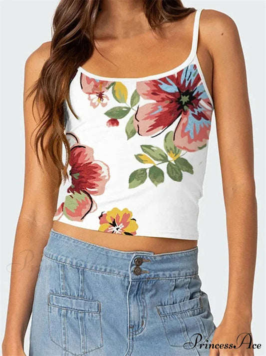 Blossoming Open-Back Thin Strap Vintage Crop Top WHITE1 / S croptop-250126
