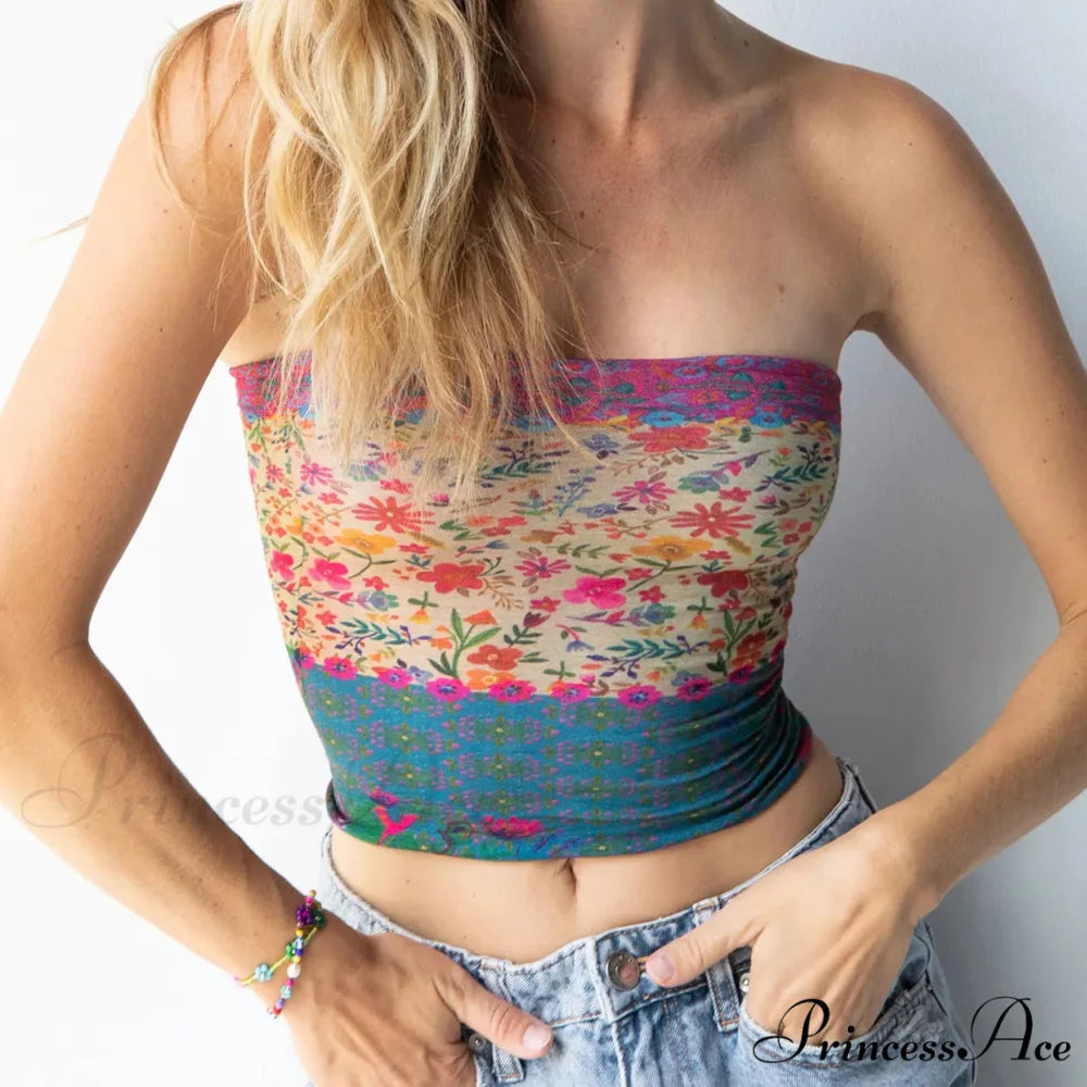Blossoming Sleeveless Bandeau Crop Top Multi Color6 / S croptop-250223