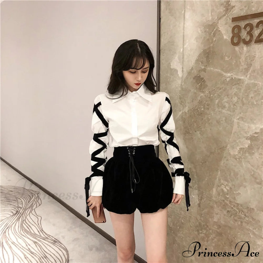 Blous Top Womens Spring Long Ribbons Arm Casual Black Stitching Office Blouse Lady Blouse