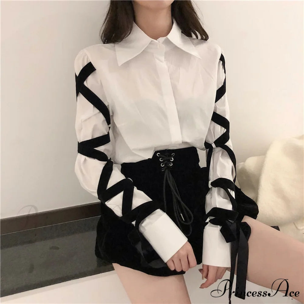 Blous Top Womens Spring Long Ribbons Arm Casual Black Stitching Office Blouse Lady Blouse White / S