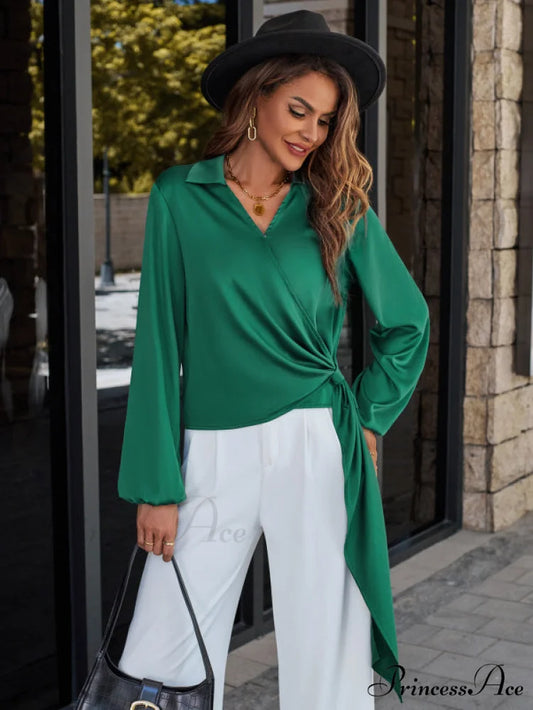 Blouse Arm Satin Long V-neck streamer trendy - Casual Women’s Top Green black jasper / S