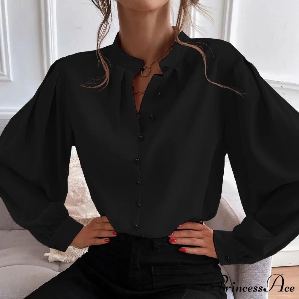 Blouse Button Bishop Up with Arm Detail Black / S