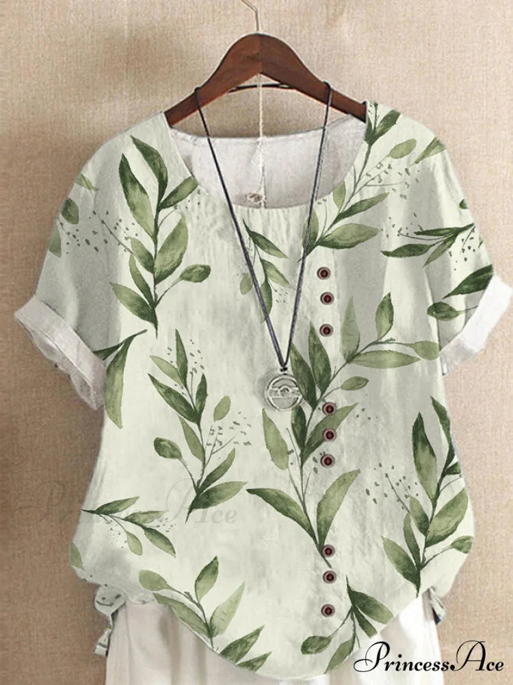 Blouse Casual for Fashion Loose Patterned Short-sleeved Retro Blouse Summer Bamboo Leaf 9 / S
